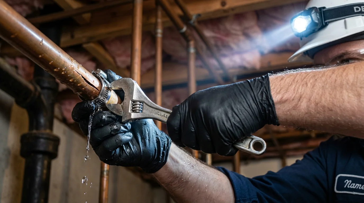 Emergency pipe clamp repair being performed by a Johns Plumbing LLC plumber in Swansea