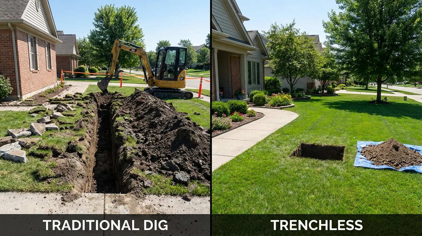 Trenchless sewer repair with minimal yard damage versus traditional excavation in Swansea, MA