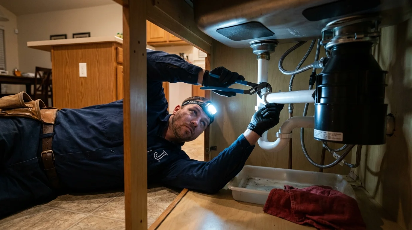 P-trap and supply line connections under a kitchen sink showing a common leak point in Swansea, MA